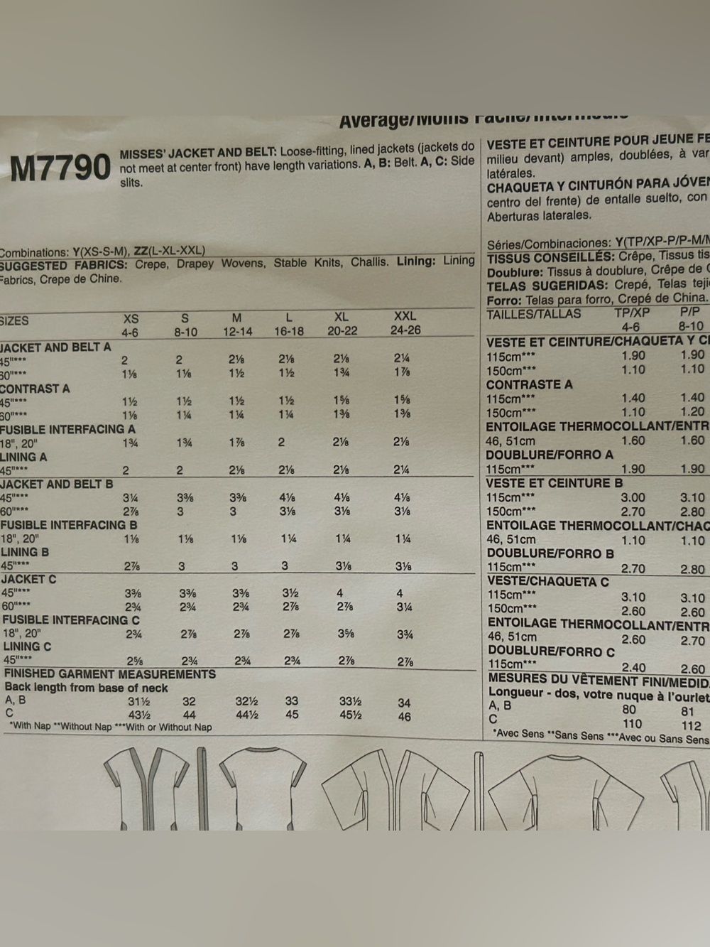 McCalls M7790 Jacket & Belt Pattern Size XS-Med New Uncut Palmer/Pletsch Method - Picture 4 of 4